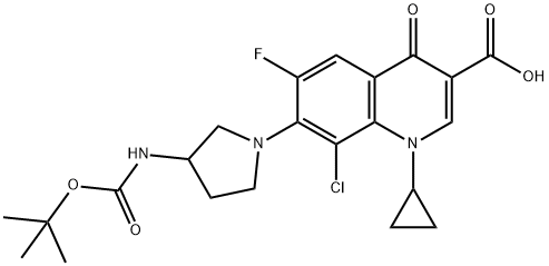 A mixture of: (R)-7-[3-(tert-butoxycarbonylamino)pyrrolidin-1-yl]-8-chloro-1-cyclopropyl-6-fluoro-1,4-dihydro-4-oxo-quinoline-3-carboxylic acid: (S)-7-[3-(tert-butoxycarbonylamino)pyrrolidin-1-yl]-8-chloro-1-cyclopropyl-6-fluoro-1,4-dihydro-4-oxo-quinoline-3-carboxylic acid Struktur