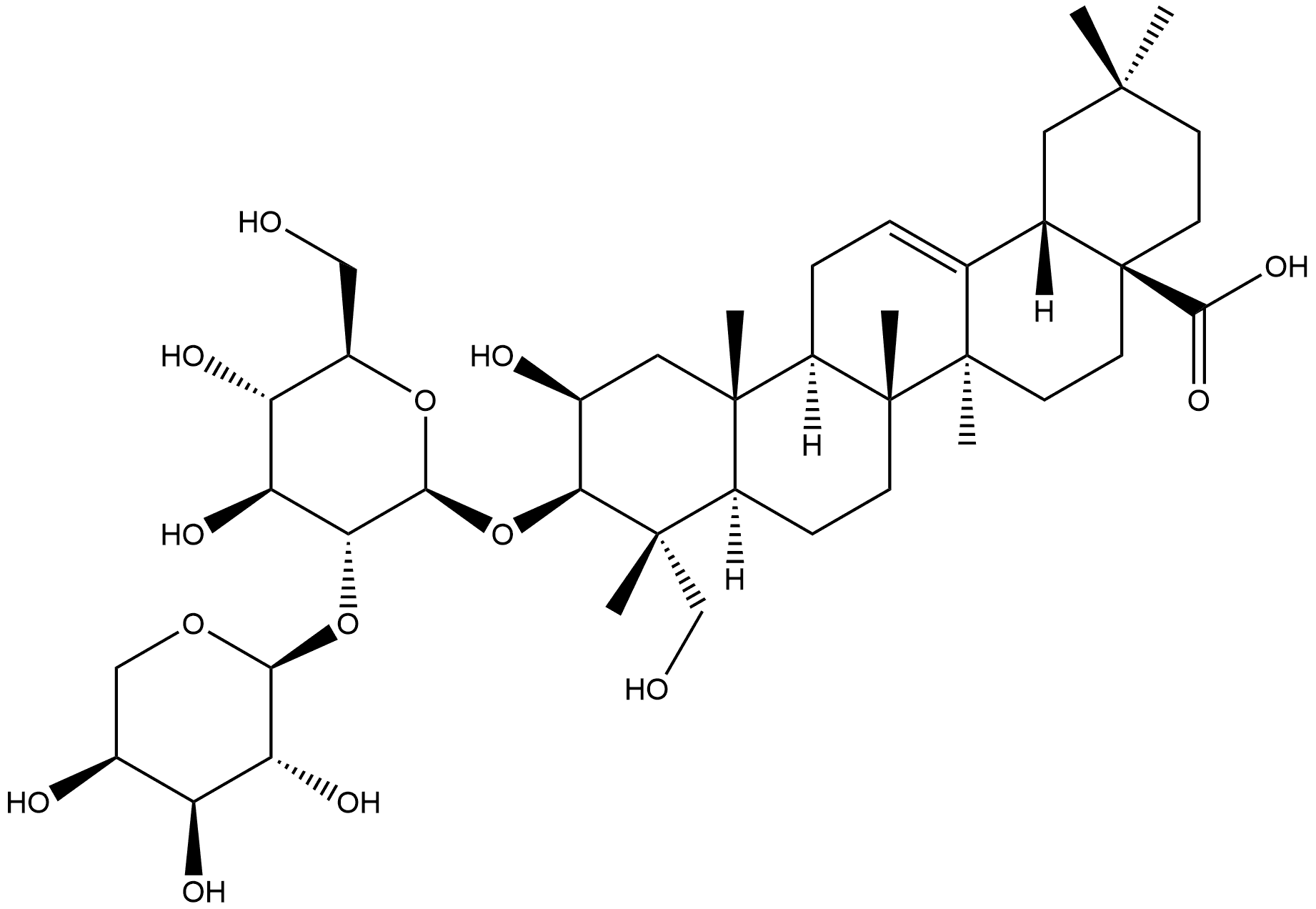 Olean-12-en-28-oic acid, 3-[(2-O-α-L-arabinopyranosyl-β-D-glucopyranosyl)oxy]-2,23-dihydroxy-, (2β,3β,4α)- Structure