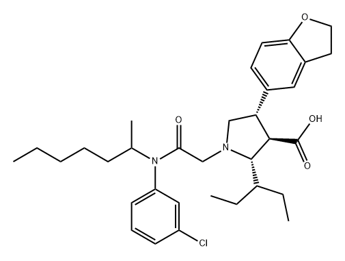 3-Pyrrolidinecarboxylic acid, 1-[2-[(3-chlorophenyl)(1-methylhexyl)amino]-2-oxoethyl]-4-(2,3-dihydro-5-benzofuranyl)-2-(1-ethylpropyl)-, (2S,3R,4S)- Structure