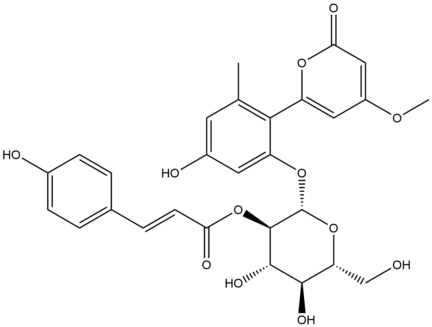 2H-Pyran-2-one, 6-[4-hydroxy-2-[[2-O-[(2E)-3-(4-hydroxyphenyl)-1-oxo-2-propen-1-yl]-β-D-glucopyranosyl]oxy]-6-methylphenyl]-4-methoxy- Structure