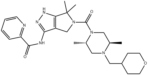 2-Pyridinecarboxamide, N-[5-[[(2S,5R)-2,5-dimethyl-4-[(tetrahydro-2H-pyran-4-yl)methyl]-1-piperazinyl]carbonyl]-1,4,5,6-tetrahydro-6,6-dimethylpyrrolo[3,4-c]pyrazol-3-yl]- 化学構造式