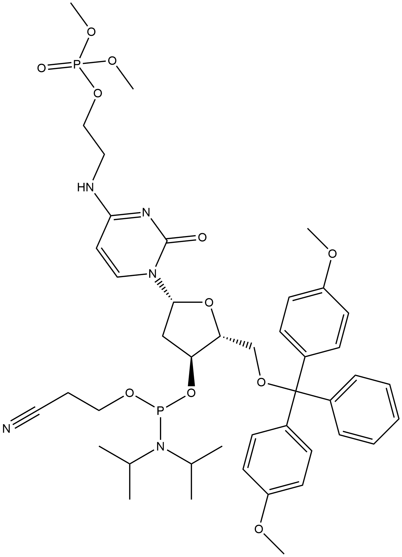 Cytidine, 5′-O-[bis(4-methoxyphenyl)phenylmethyl]-2′-deoxy-N-[2-[(dimethoxyphosphinyl)oxy]ethyl]-, 3′-[2-cyanoethyl N,N-bis(1-methylethyl)phosphoramidite] Structure