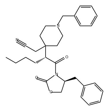 4-Piperidineacetonitrile, 4-[(1R)-1-[[(4S)-2-oxo-4-(phenylmethyl)-3-oxazolidinyl]carbonyl]pentyl]-1-(phenylmethyl)- Struktur