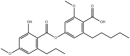 Benzoic acid, 2-hydroxy-4-methoxy-6-propyl-, 4-carboxy-3-methoxy-5-pentylphenyl ester Structure