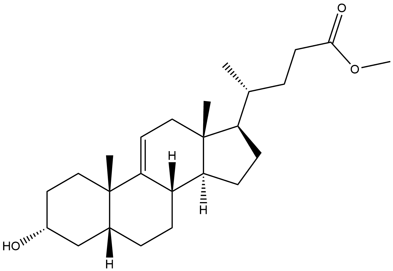 Chol-9(11)-en-24-oic acid, 3-hydroxy-, methyl ester, (3α,5β)- (9CI) 结构式