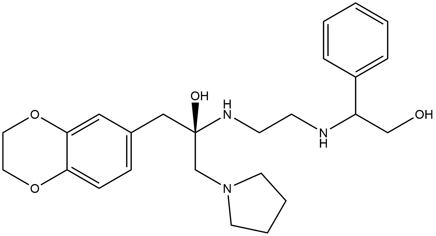 (1R,2S)-1-(2,3-Dihydrobenzo[b][1,4]dioxin-6-yl)-2-((2-((2-hydroxy-1-phenylethyl)amino)ethyl)amino)-3-(pyrrolidin-1-yl)propan-1-ol 化学構造式