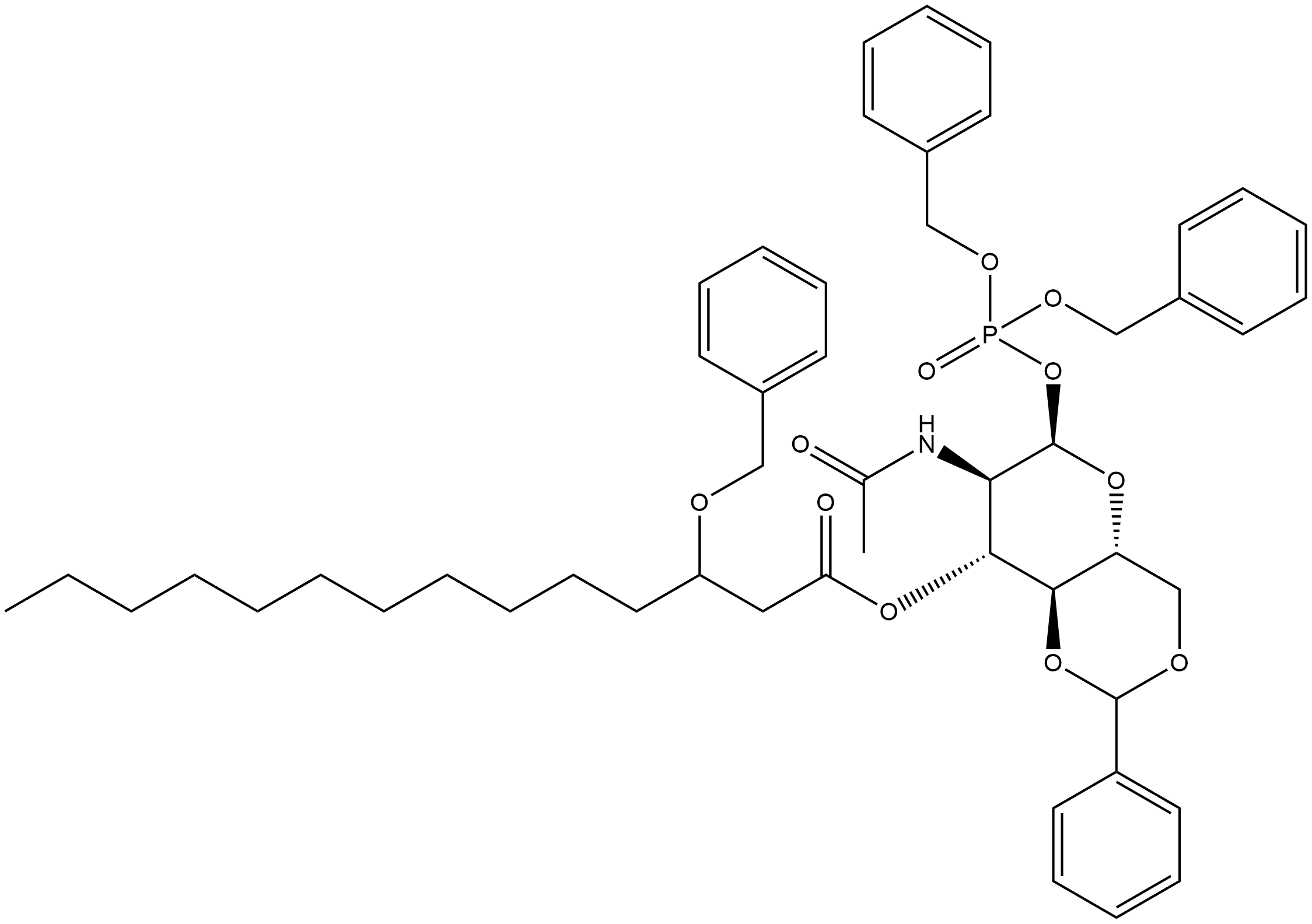 [3(R)]-2-(ACETYLAMINO)-2-DEOXY-4,6-O-(PHENYLMETHYLENE)-Α-D-GLUCOPYRANOSE 1-[BIS(PHENYLMETHYL) PHOSPHATE] 3-[3-(PHENYLMETHOXY)TETRADECANOATE], 109304-51-0, 结构式