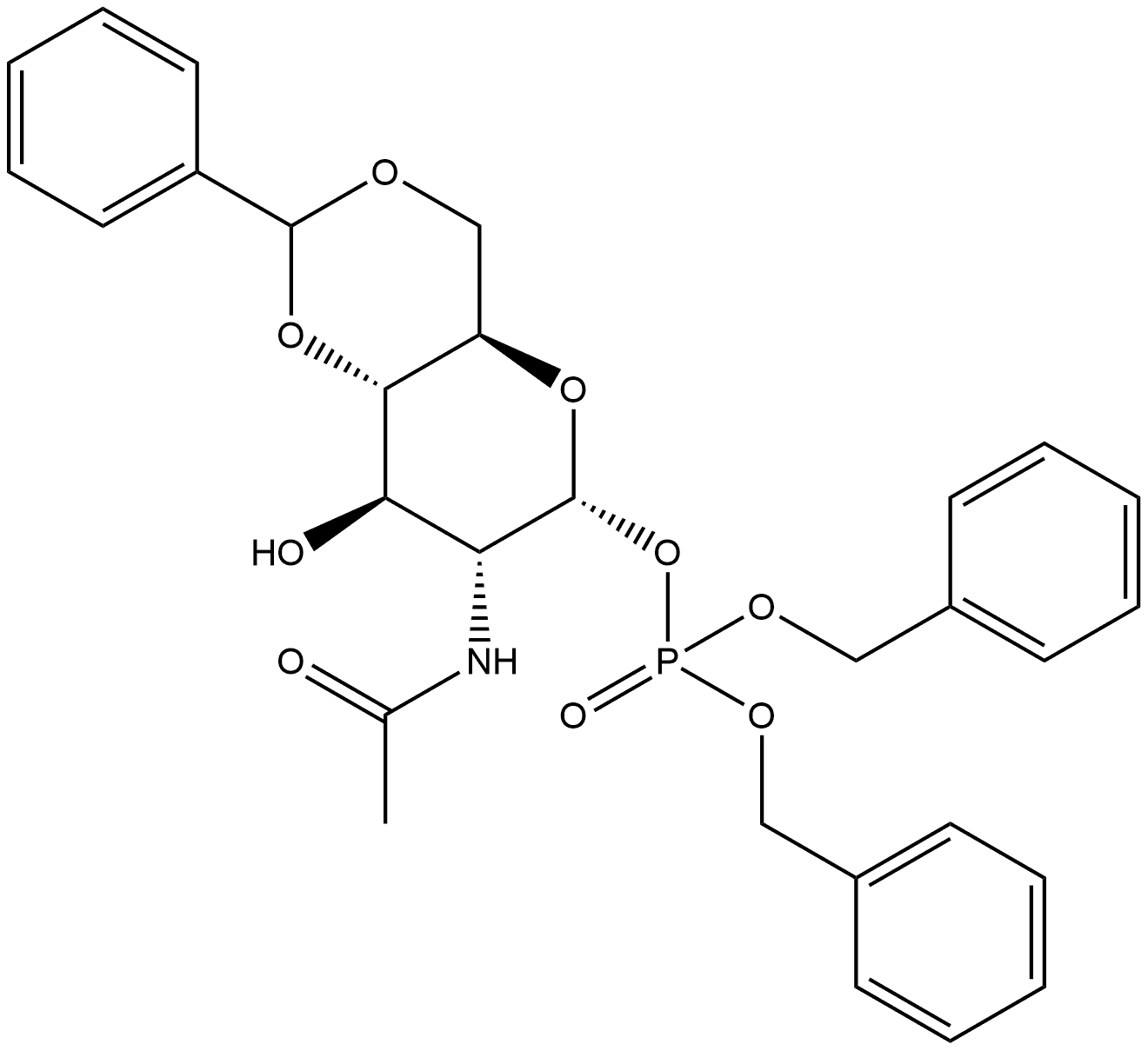 2-(ACETYLAMINO)-2-DEOXY-4,6-O-(PHENYLMETHYLENE)-Α-D-GLUCOPYRANOSE 1-[BIS(PHENYLMETHYL) PHOSPHATE], 109304-69-0, 结构式