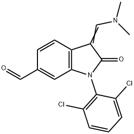 1H-Indole-6-carboxaldehyde, 1-(2,6-dichlorophenyl)-3-[(dimethylamino)methylene]-2,3-dihydro-2-oxo- 化学構造式