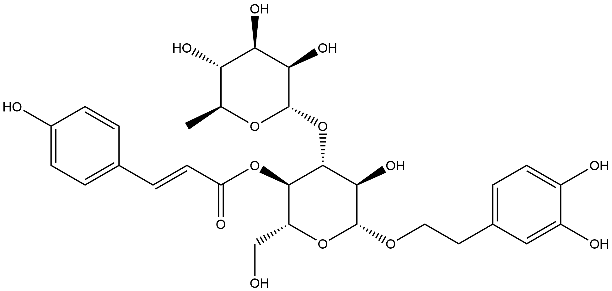 β-D-Glucopyranoside, 2-(3,4-dihydroxyphenyl)ethyl 3-O-(6-deoxy-α-L-mannopyranosyl)-, 4-[(2E)-3-(4-hydroxyphenyl)-2-propenoate] Struktur
