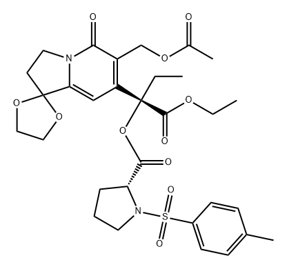 1-对甲苯磺酰基吡咯烷-2-甲酸[(R)-(S)-2-[6'-(乙酰氧基甲基)-5'-氧代-3',5'-二氢-2'H-螺[[1,3]二氧戊环-2,1'-吲嗪]-7'-基]-1-乙氧基-1-氧代-2-丁基]酯,110714-46-0,结构式