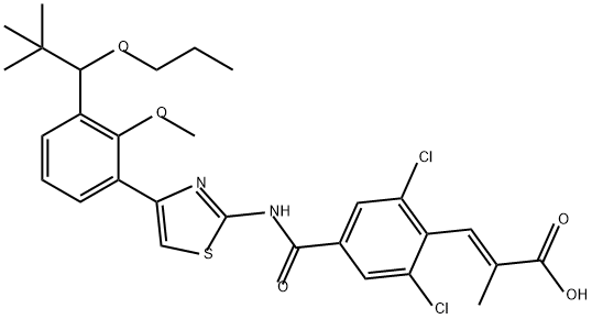 2-Propenoic acid, 3-[2,6-dichloro-4-[[[4-[3-(2,2-dimethyl-1-propoxypropyl)-2-methoxyphenyl]-2-thiazolyl]amino]carbonyl]phenyl]-2-methyl-, (2E)- Structure