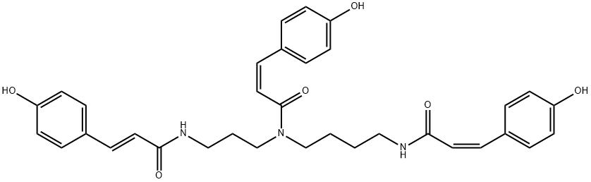 2-Propenamide, 3-(4-hydroxyphenyl)-N-[4-[[(2Z)-3-(4-hydroxyphenyl)-1-oxo-2-propen-1-yl]amino]butyl]-N-[3-[[(2E)-3-(4-hydroxyphenyl)-1-oxo-2-propen-1-yl]amino]propyl]-, (2Z)-,1111082-11-1,结构式