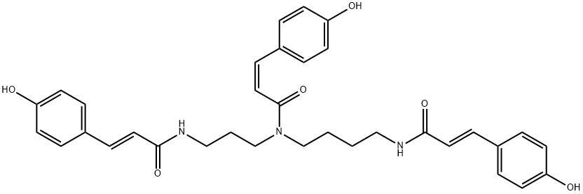 2-Propenamide, 3-(4-hydroxyphenyl)-N-[4-[[(2E)-3-(4-hydroxyphenyl)-1-oxo-2-propen-1-yl]amino]butyl]-N-[3-[[(2E)-3-(4-hydroxyphenyl)-1-oxo-2-propen-1-yl]amino]propyl]-, (2Z)- Struktur