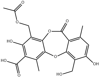 11H-Dibenzo[b,e][1,4]dioxepin-7-carboxylic acid, 9-[(acetyloxy)methyl]-3,8-dihydroxy-4-(hydroxymethyl)-1,6-dimethyl-11-oxo-,111720-42-4,结构式