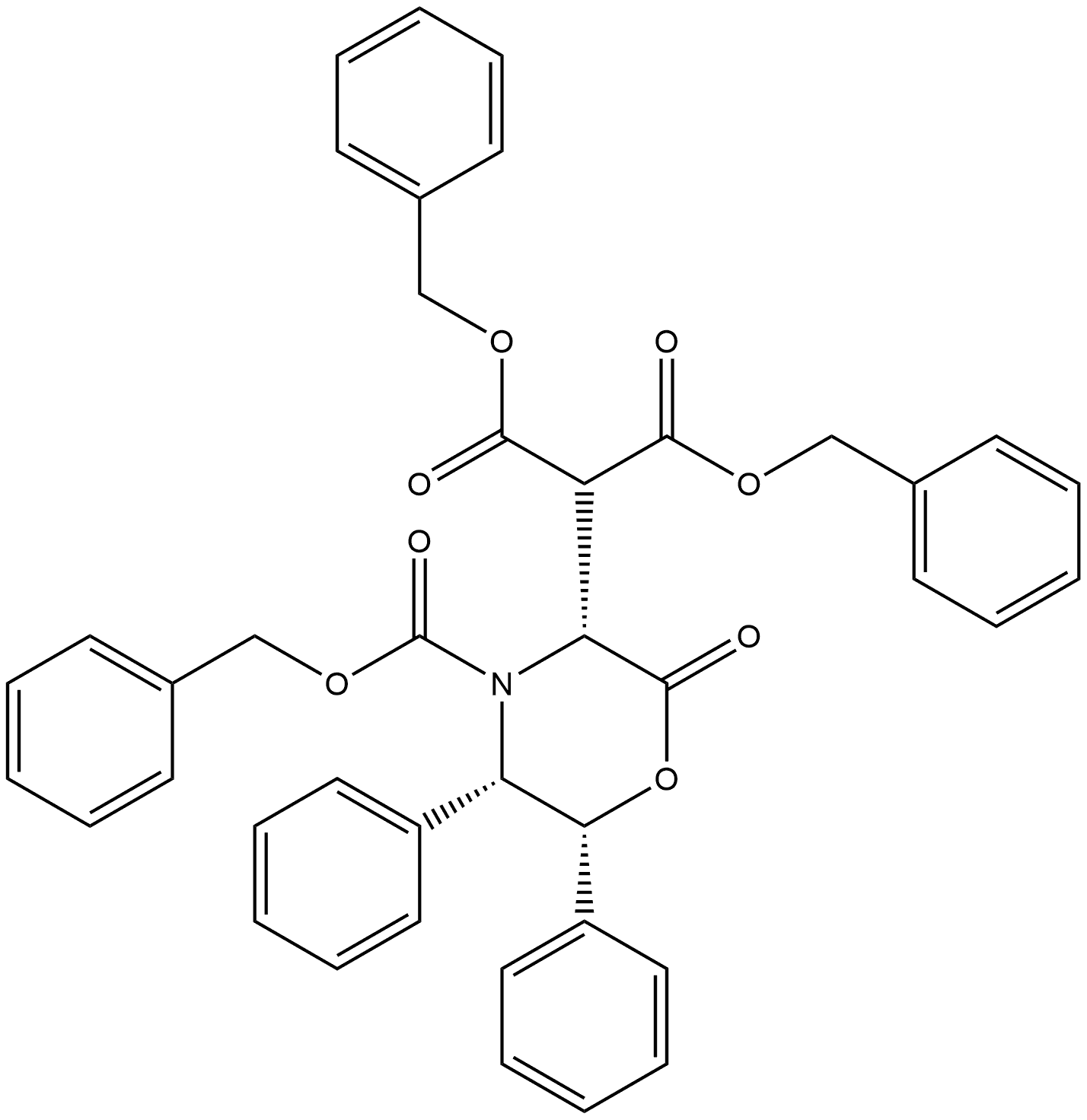 Propanedioic acid, [2-oxo-5,6-diphenyl-4-[(phenylmethoxy)carbonyl]-3-morpholinyl]-, bis(phenylmethyl) ester, [3R-(3α,5α,6α)]- (9CI) Struktur