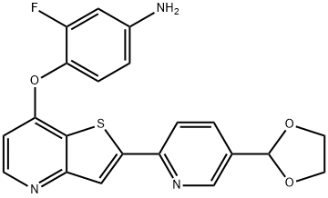 4-((2-(5-(1,3-dioxolan-2-yl)pyridin-2-yl)thieno[3,2-b]pyridin-7-yl)oxy)-3-fluoroaniline|4-((2-(5-(1,3-dioxolan-2-yl)pyridin-2-yl)thieno[3,2-b]pyridin-7-yl)oxy)-3-fluoroaniline