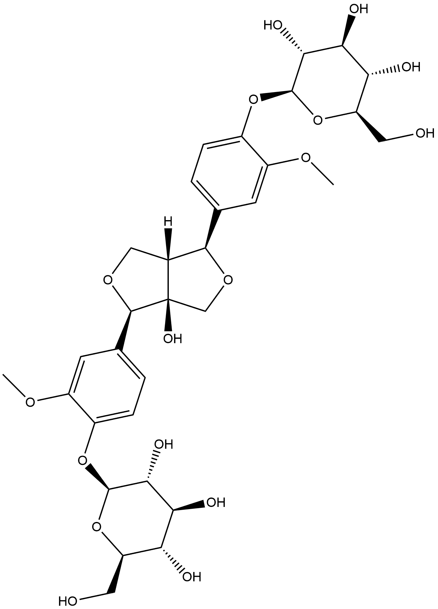 β-D-Glucopyranoside, [[(3R,3aS,6S,6aR)-tetrahydro-3a-hydroxy-1H,3H-furo[3,4-c]furan-3,6-diyl]bis(2-methoxy-4,1-phenylene)]bis 化学構造式