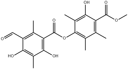 Benzoic acid, 3-formyl-4,6-dihydroxy-2,5-dimethyl-, 3-hydroxy-4-(methoxycarbonyl)-2,5,6-trimethylphenyl ester Structure