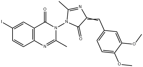 3-(4-(3,4-Dimethoxybenzylidene)-2-methyl-5-oxo-4,5-dihydro-1H-imidazol-1-yl)-6-iodo-2-methylquinazolin-4(3H)-one Struktur