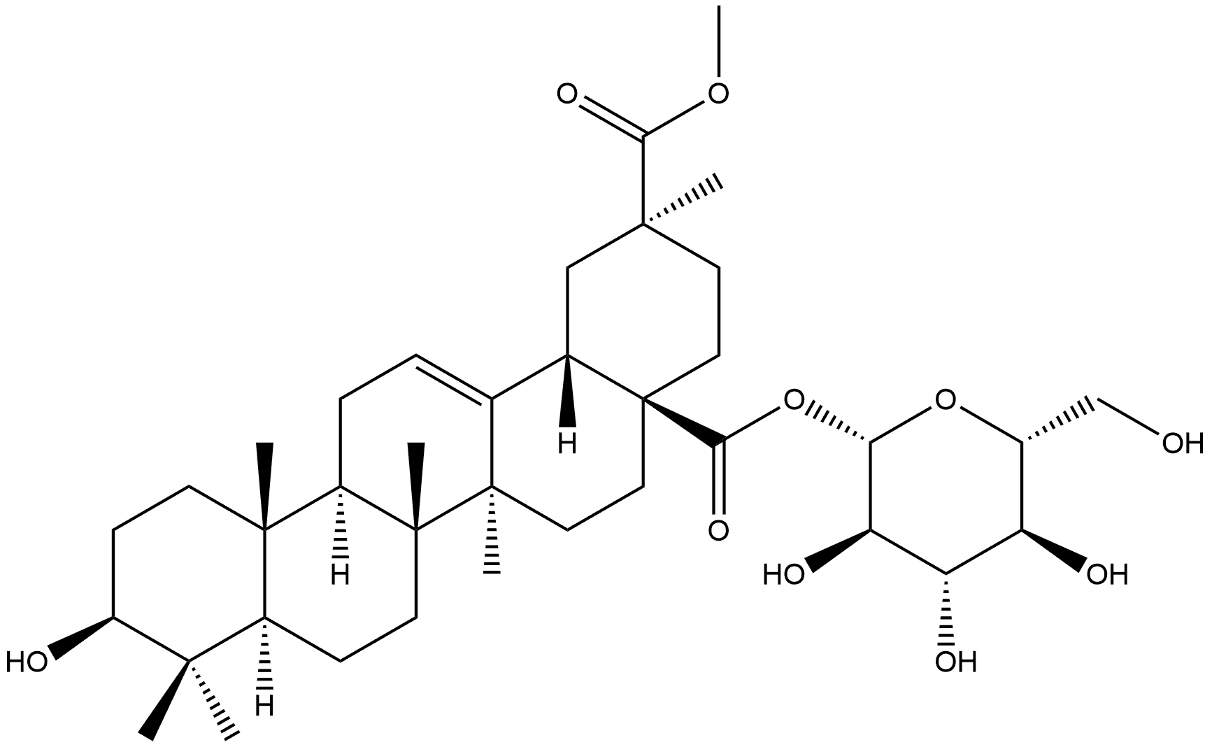 Olean-12-ene-28,29-dioic acid, 3-hydroxy-, 28-β-D-glucopyranosyl 29-methyl ester, (3β,20S)- 化学構造式