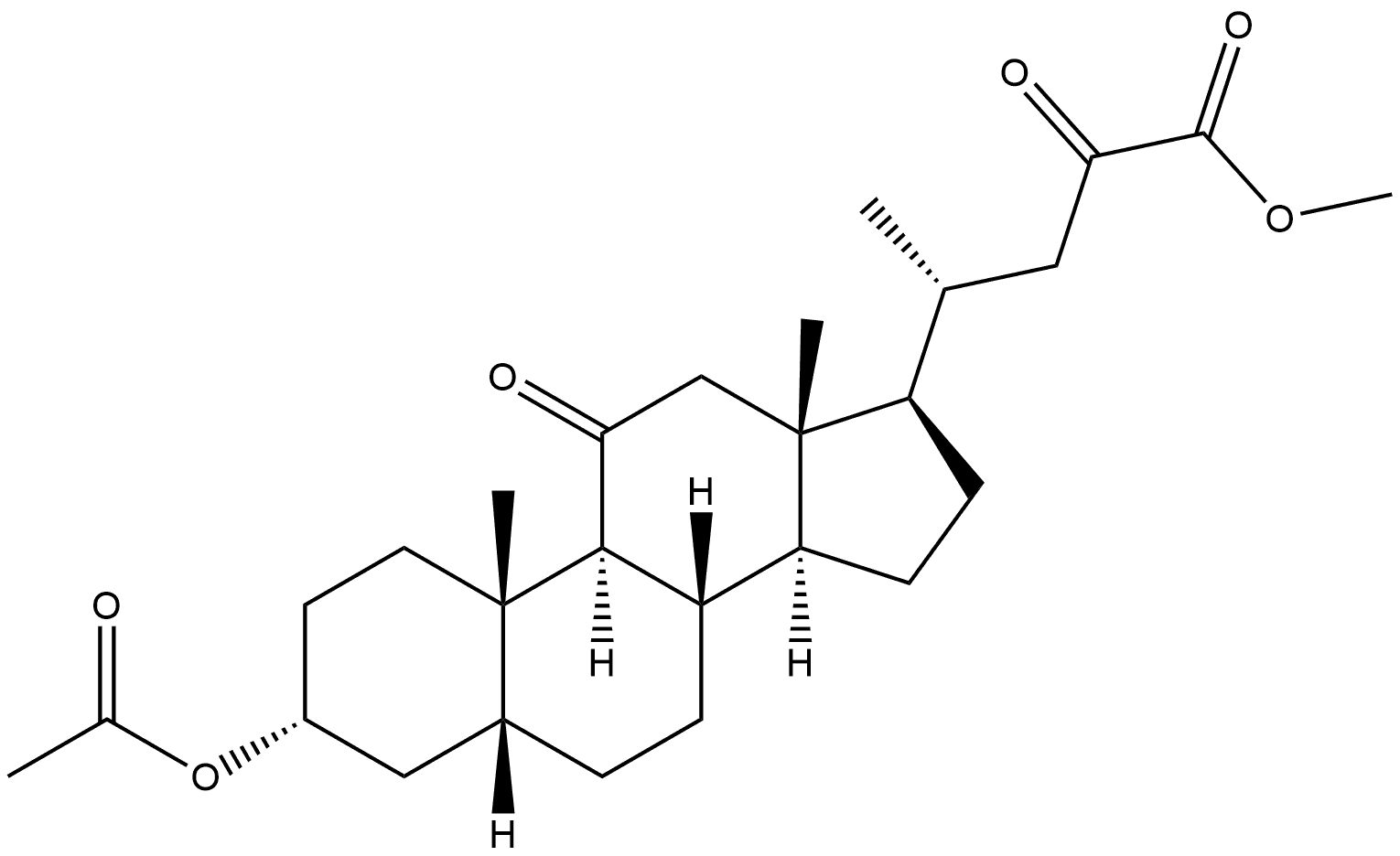 Cholan-24-oic acid, 3-(acetyloxy)-11,23-dioxo-, methyl ester, (3α,5β)- Structure