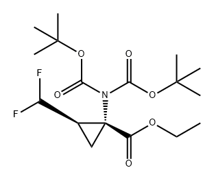 Cyclopropanecarboxylic acid, 1-[bis[(1,1-dimethylethoxy)carbonyl]amino]-2-(difluoromethyl)-, ethyl ester, (1R,2R)- Struktur