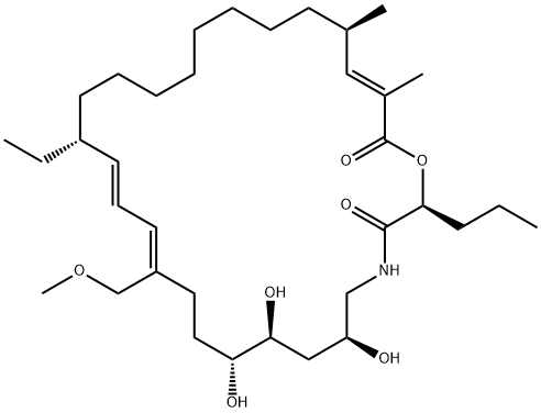 1-Oxa-4-azacyclooctacosa-12,14,26-triene-3,28-dione, 16-ethyl-6,8,9-trihydroxy-12-(methoxymethyl)-25,27-dimethyl-2-propyl-, (2S,6S,8S,9R,12Z,14E,16R,25R,26E)- (9CI) 化学構造式