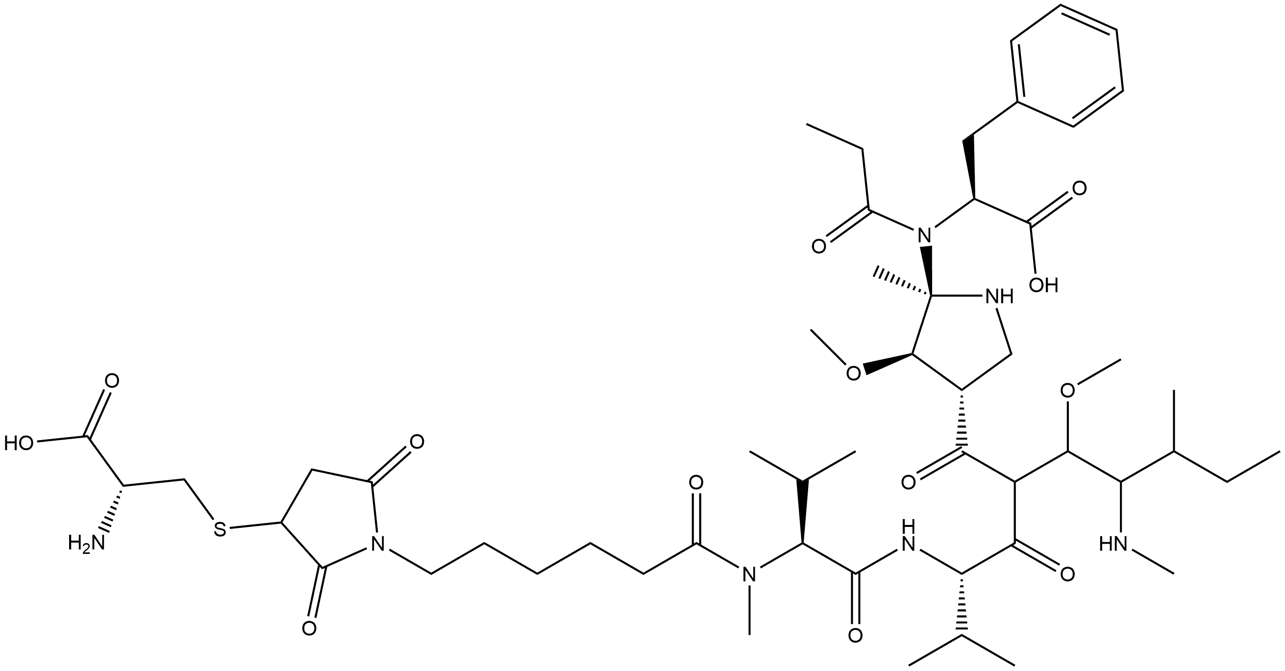 N-[6-[3-[[(2R)-2-Amino-2-carboxyethyl]thio]-2,5-dioxo-1-pyrrolidinyl]-1-oxohexyl]-N-methyl-L-valyl-L-valyl-(3R,4S,5S)-3-methoxy-5-methyl-4-(methylamino)heptanoyl-(αR,βR,2S)-β-methoxy-α-methyl-2-pyrrolidinepropanoyl-L-phenylalanine Struktur