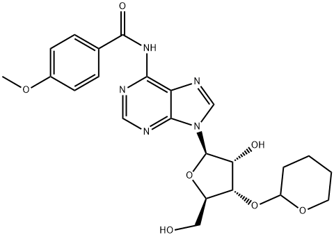N-(9-((2R,3R,4S,5R)-3-Hydroxy-5-(hydroxymethyl)-4-((tetrahydro-2H-pyran-2-yl)oxy)tetrahydrofuran-2-yl)-9H-purin-6-yl)-4-methoxybenzamide Struktur