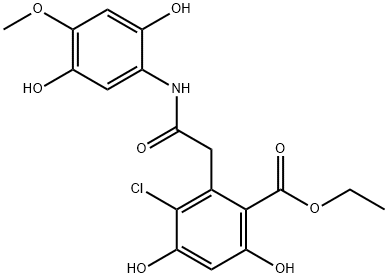 Benzoic acid, 3-chloro-2-[2-[(2,5-dihydroxy-4-methoxyphenyl)amino]-2-oxoethyl]-4,6-dihydroxy-, ethyl ester Structure