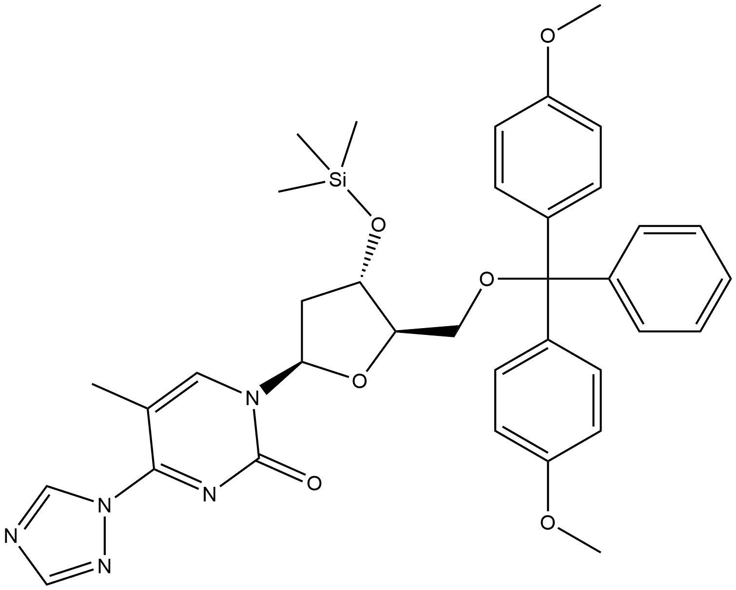 2(1H)-Pyrimidinone, 1-[5-O-[bis(4-methoxyphenyl)phenylmethyl]-2-deoxy-3-O-(trimethylsilyl)-β-D-erythro-pentofuranosyl]-5-methyl-4-(1H-1,2,4-triazol-1-yl)- Structure