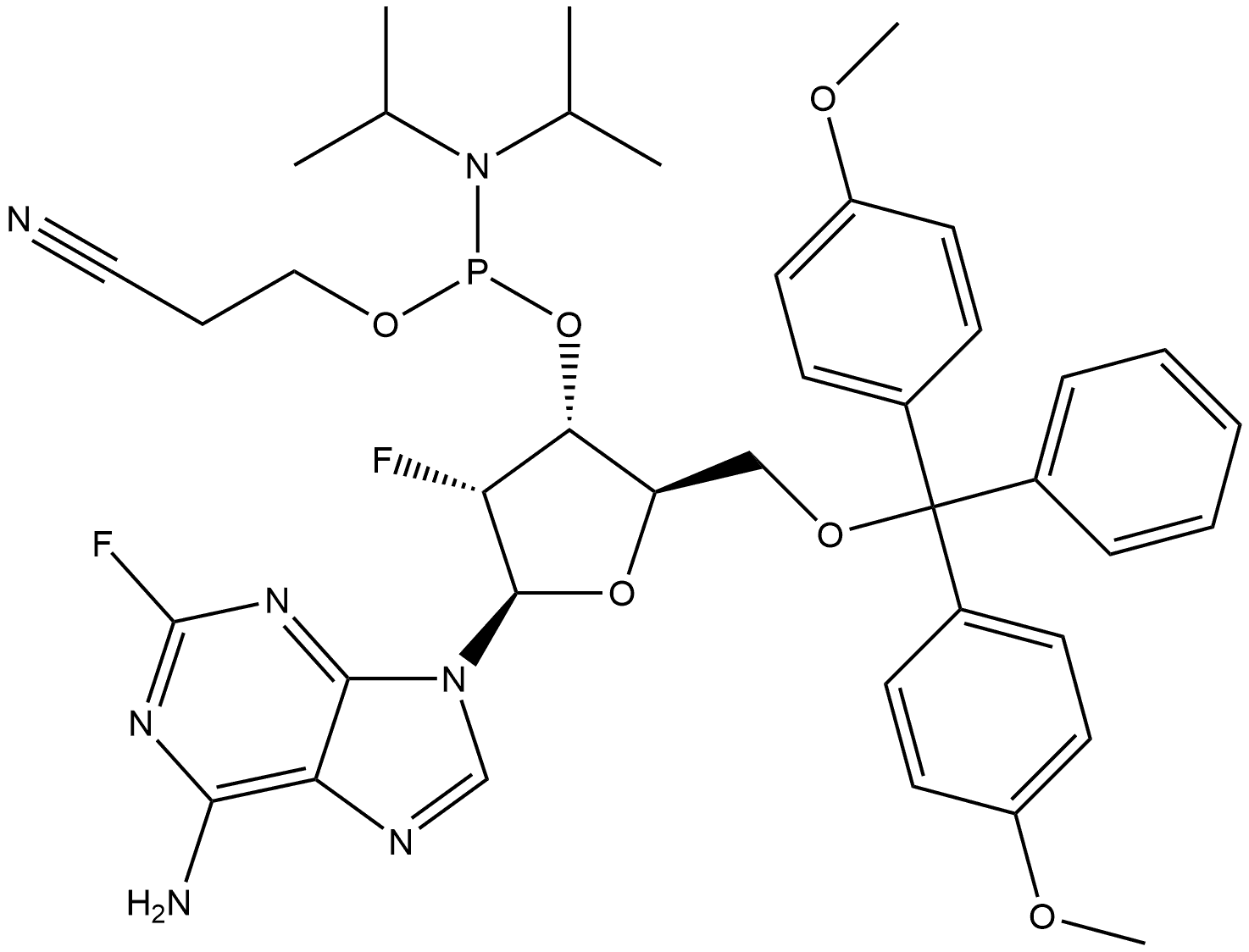 Adenosine, 5′-O-[bis(4-methoxyphenyl)phenylmethyl]-2′-deoxy-2,2′-difluoro-, 3′-[2-cyanoethyl N,N-bis(1-methylethyl)phosphoramidite] Struktur