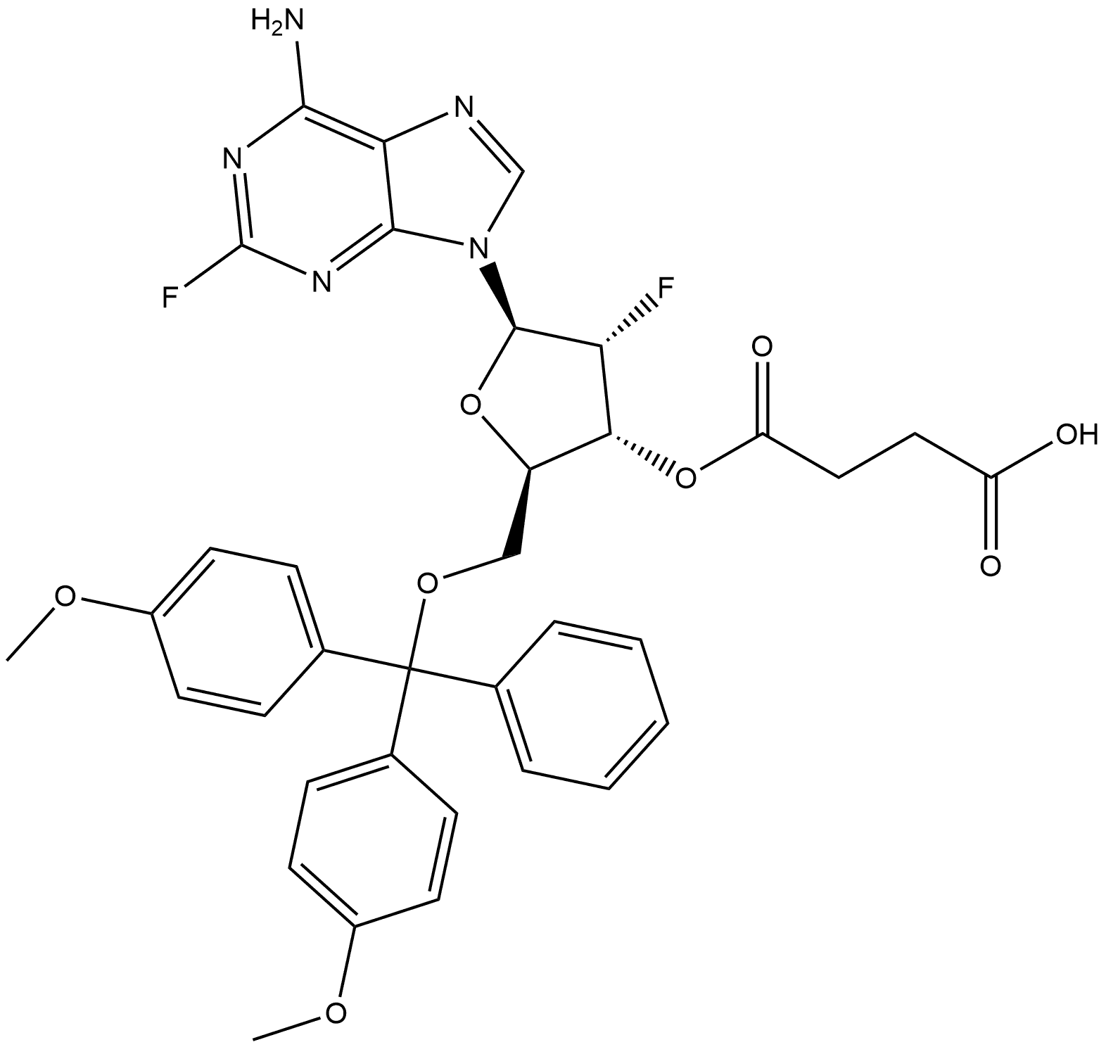 Adenosine, 5′-O-[bis(4-methoxyphenyl)phenylmethyl]-2′-deoxy-2,2′-difluoro-, 3′-(hydrogen butanedioate) 化学構造式
