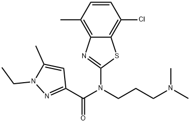 1H-Pyrazole-3-carboxamide, N-(7-chloro-4-methyl-2-benzothiazolyl)-N-[3-(dimethylamino)propyl]-1-ethyl-5-methyl-,1172933-44-6,结构式
