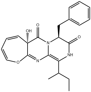 6H-Oxepino[2,3-d]pyrazino[1,2-a]pyrimidine-6,9(8H)-dione, 5a,10-dihydro-5a-hydroxy-11-(1-methylpropyl)-8-(phenylmethyl)-, (5aS,8S)- Structure