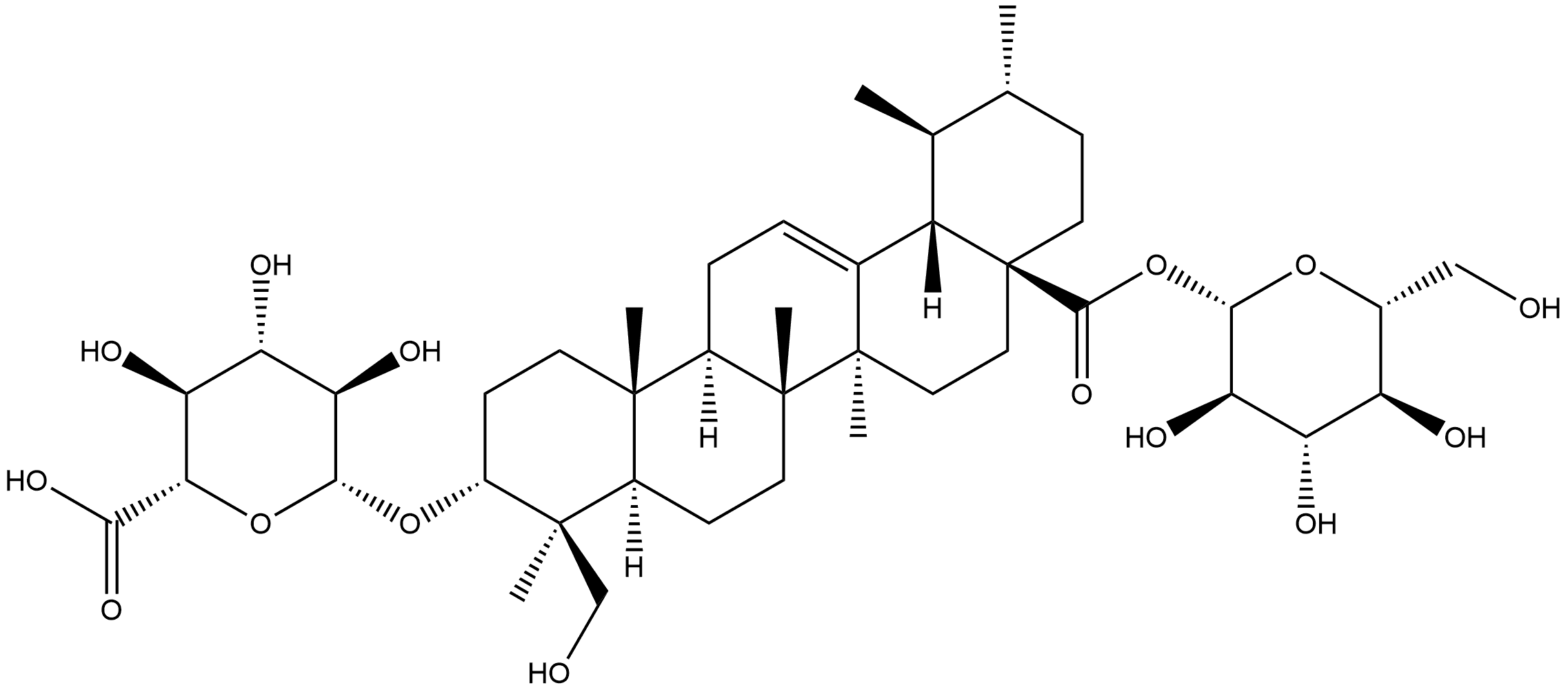 β-D-Glucopyranosiduronic acid, (3β,4α)-28-(β-D-glucopyranosyloxy)-23-hydroxy-28-oxours-12-en-3-yl Structure