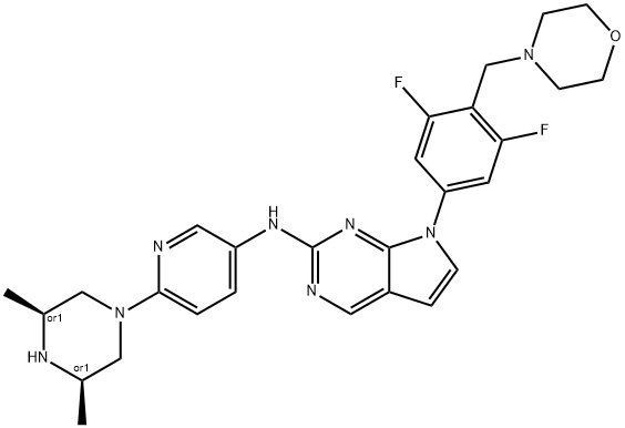 1180158-99-9 7H-Pyrrolo[2,3-d]pyrimidin-2-amine, 7-[3,5-difluoro-4-(4-morpholinylmethyl)phenyl]-N-[6-[(3R,5S)-3,5-dimethyl-1-piperazinyl]-3-pyridinyl]-, rel-