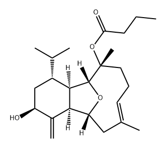 Butanoic acid, (2S,4R,4aR,5R,6R,9E,12R,12aR)-1,2,3,4,4a,5,6,7,8,11,12,12a-dodecahydro-2-hydroxy-6,10-dimethyl-1-methylene-4-(1-methylethyl)-5,12-epoxybenzocyclodecen-6-yl ester (9CI) 化学構造式