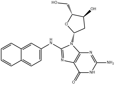 2-Amino-9-((2R,4S,5R)-4-hydroxy-5-(hydroxymethyl)tetrahydrofuran-2-yl)-8-(naphthalen-2-ylamino)-1H-purin-6(9H)-one Struktur