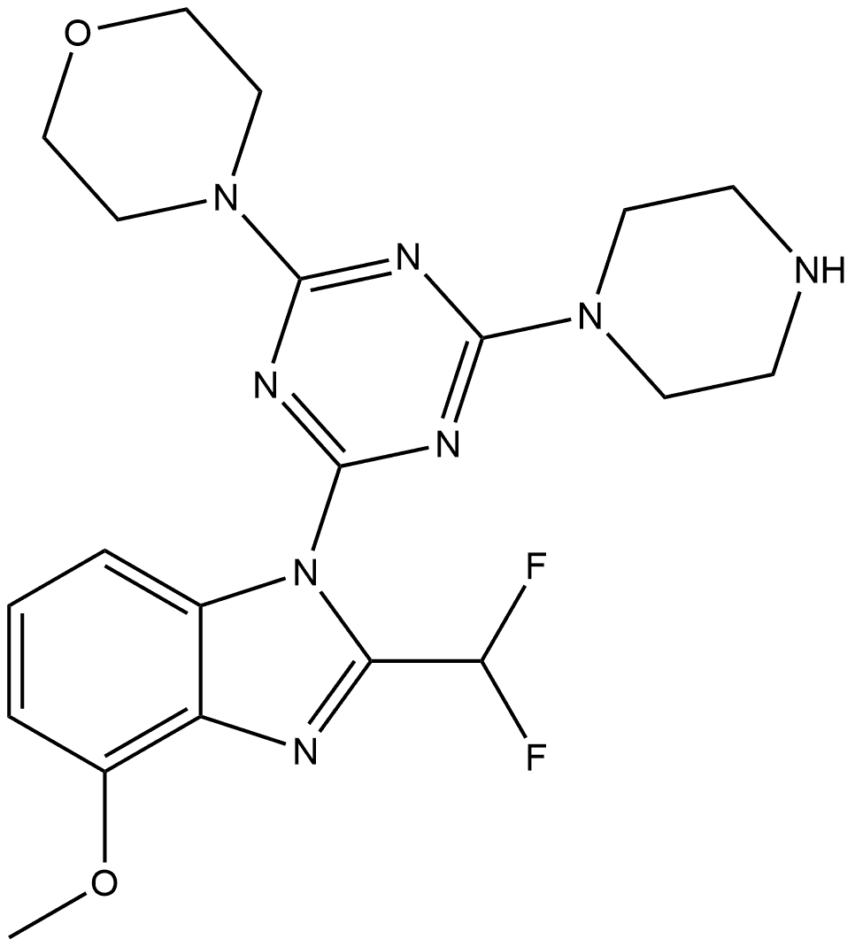 1H-Benzimidazole, 2-(difluoromethyl)-4-methoxy-1-[4-(4-morpholinyl)-6-(1-piperazinyl)-1,3,5-triazin-2-yl]-,1188915-07-2,结构式