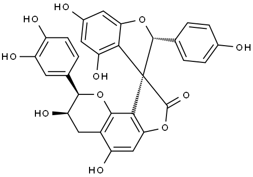 Spiro[benzofuran-3(2H),9'(8'H)-[2H]furo[2,3-h][1]benzopyran]-8'-one, 2'-(3,4-dihydroxyphenyl)-3',4'-dihydro-3',4,5',6-tetrahydroxy-2-(4-hydroxyphenyl)-, (2R,2'R,3R,3'R)- Struktur