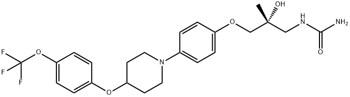 Urea, N-[(2R)-2-hydroxy-2-methyl-3-[4-[4-[4-(trifluoromethoxy)phenoxy]-1-piperidinyl]phenoxy]propyl]- 化学構造式