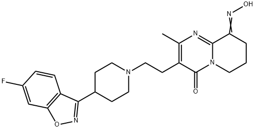 4H-Pyrido[1,2-a]pyrimidine-4,9(6H)-dione, 3-[2-[4-(6-fluoro-1,2-benzisoxazol-3-yl)-1-piperidinyl]ethyl]-7,8-dihydro-2-methyl-, 9-oxime Struktur