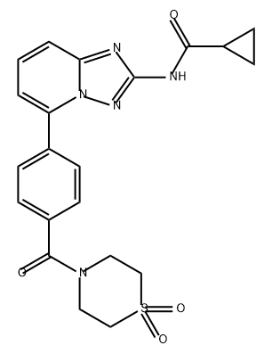 Cyclopropanecarboxamide, N-[5-[4-[(1,1-dioxido-4-thiomorpholinyl)carbonyl]phenyl][1,2,4]triazolo[1,5-a]pyridin-2-yl]- 化学構造式