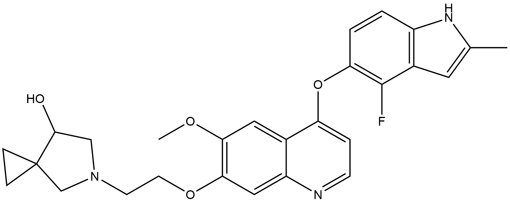 5-[2-[[4-[(4-Fluoro-2-methyl-1H-indol-5-yl)oxy]-6-methoxy-7-quinolinyl]oxy]ethyl]-5-azaspiro[2.4]heptan-7-ol Struktur