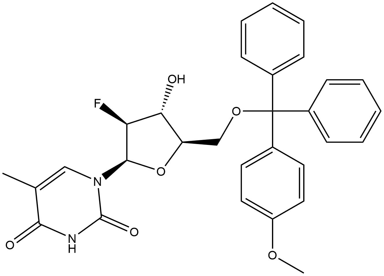 2,4(1H,3H)-Pyrimidinedione, 1-[2-deoxy-2-fluoro-5-O-[(4-methoxyphenyl)diphenylmethyl]-β-D-arabinofuranosyl]-5-methyl-,121353-88-6,结构式