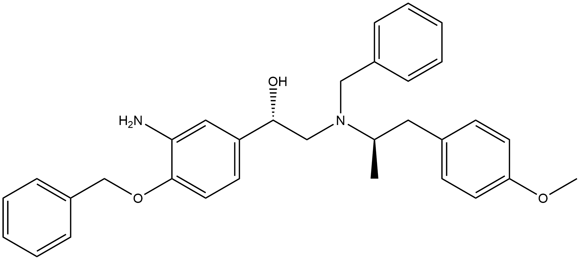 Benzenemethanol, 3-amino-α-[[[(1R)-2-(4-methoxyphenyl)-1-methylethyl](phenylmethyl)amino]methyl]-4-(phenylmethoxy)-, (αS)-rel- Struktur