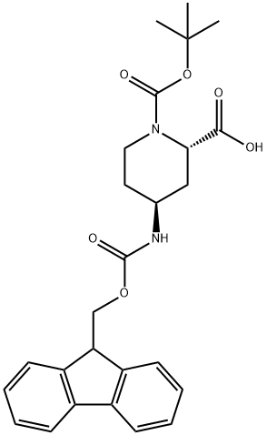 rel-(2S,4S)-4-((((9H-fluoren-9-yl)methoxy)carbonyl)amino)-1-(tert-butoxycarbonyl)piperidine-2-carboxylic acid Struktur