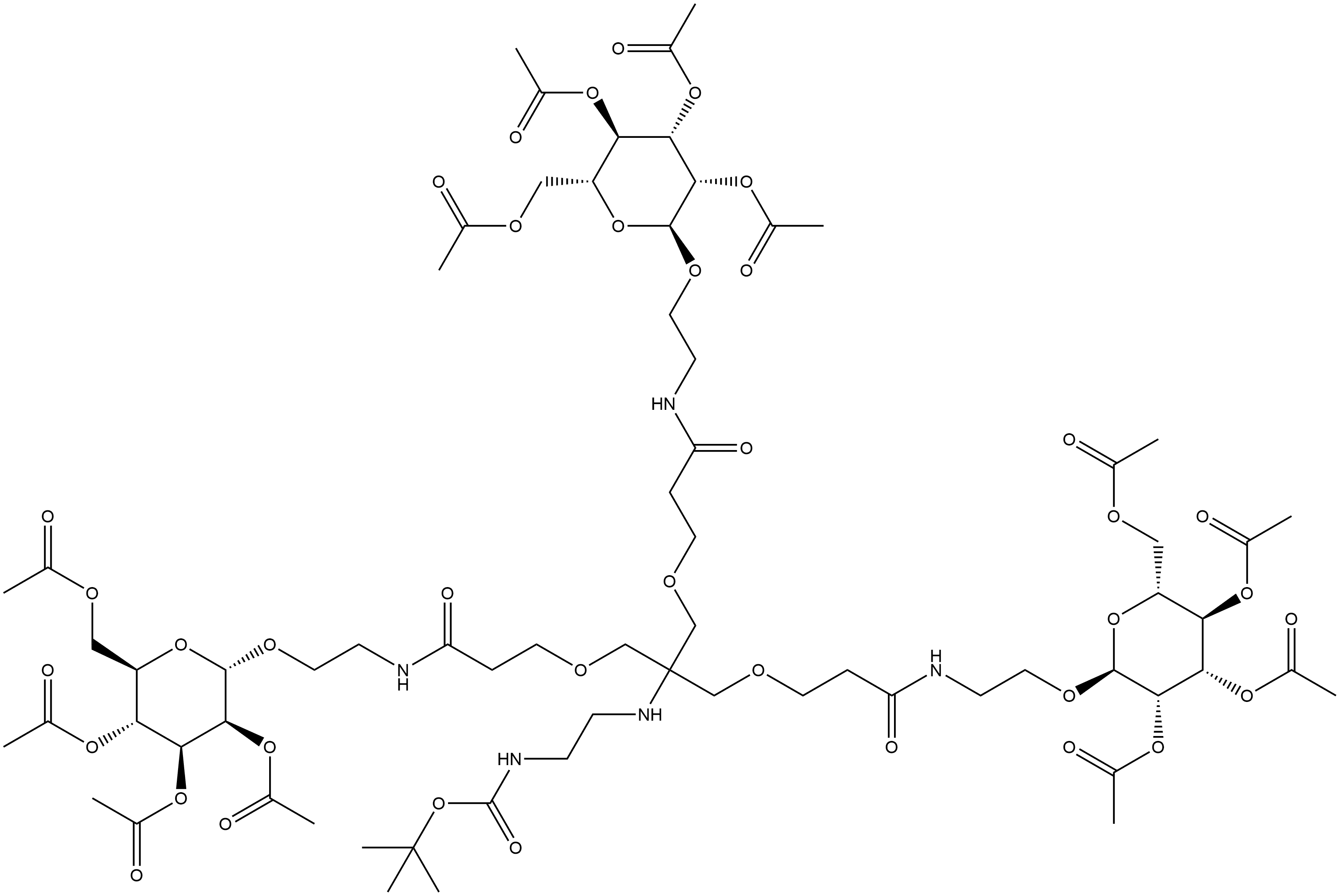 1,1-Dimethylethyl 11-oxo-6,6-bis[[3-oxo-3-[[2-[(2,3,4,6-tetra-O-acetyl-α-D-mannopyranosyl)oxy]ethyl]amino]propoxy]methyl]-14-[(2,3,4,6-tetra-O-acetyl-α-D-mannopyranosyl)oxy]-8-oxa-2,5,12-triazatetradecanoate 结构式